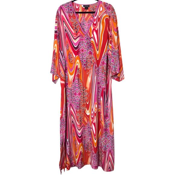 Natori Satin V-Neck Caftan Long Gown Loungewear Pink Orange Abstract Sz Medium - Picture 1 of 8
